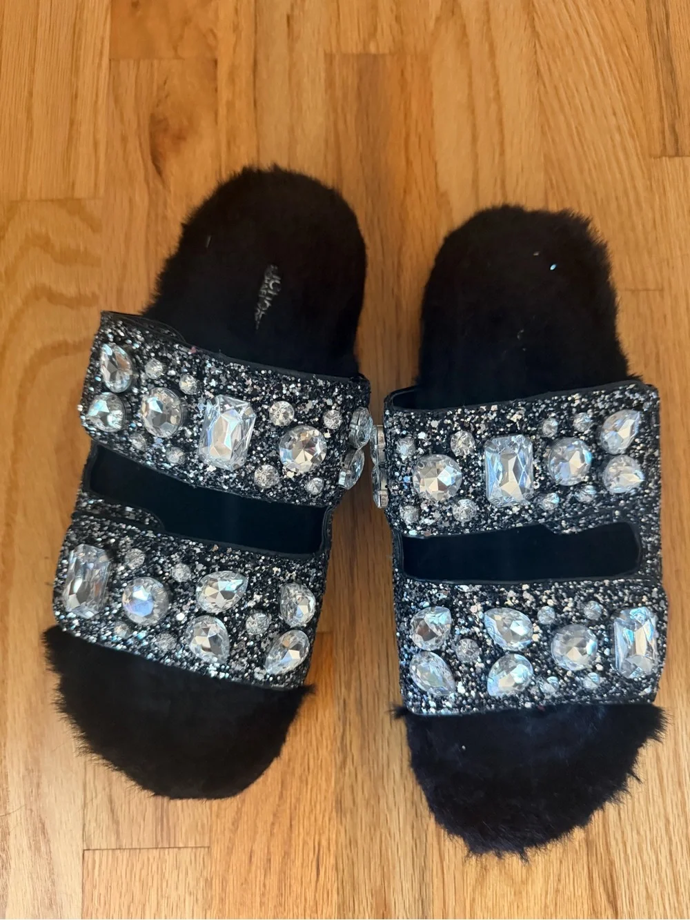 Michael Kors Black Faux Fur Jeweled Slide Sandals